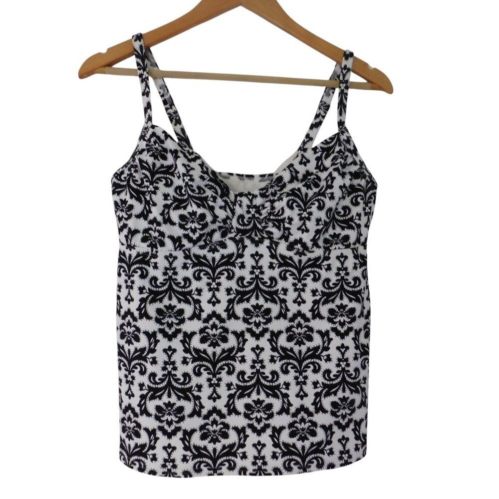 Lands' End Black White Floral Underwire Padded‎ Built In Bra Tankini 10